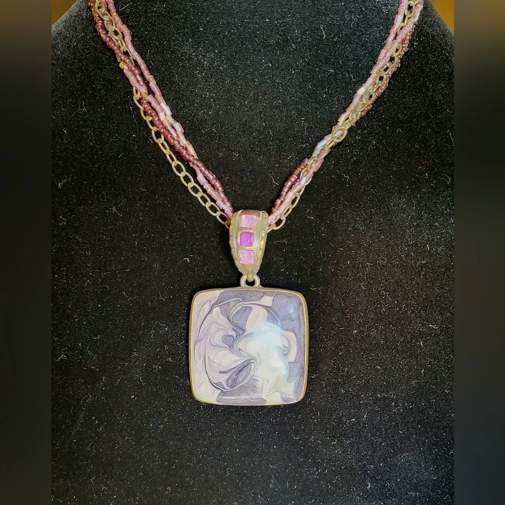 Vintage Purple & White Enamel Square Pendant Multi-strand Beaded Chain Necklace